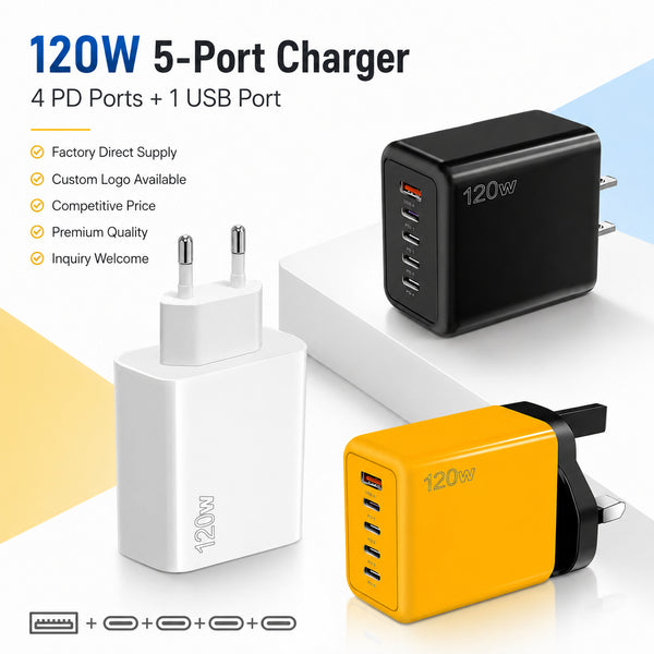 120W 5-Port 4 PD USB-C+1 USB Fast Charger US/EU Plug
