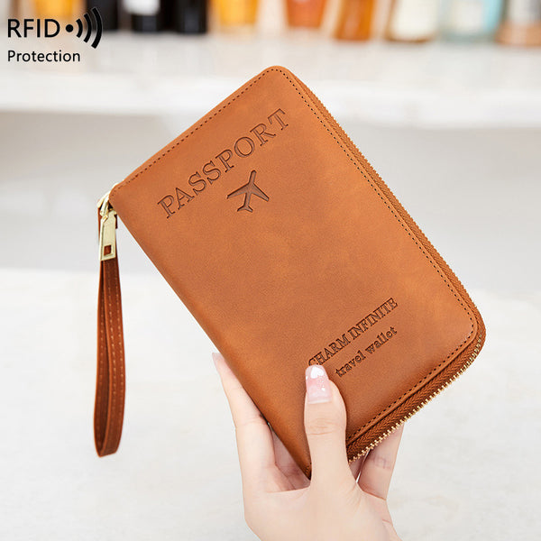 Cowhide RFID Blocking Passport Holder Travel Wallet – Multi-functional Document Organizer with Zipper, 8 Color Options