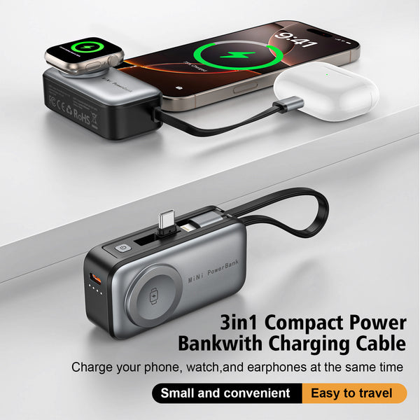 3-in-1 5000mAh 3A Fast Charging Power Bank For iPhone Android Watch Earphones Keychain with Lightning Cable and Type-C connector