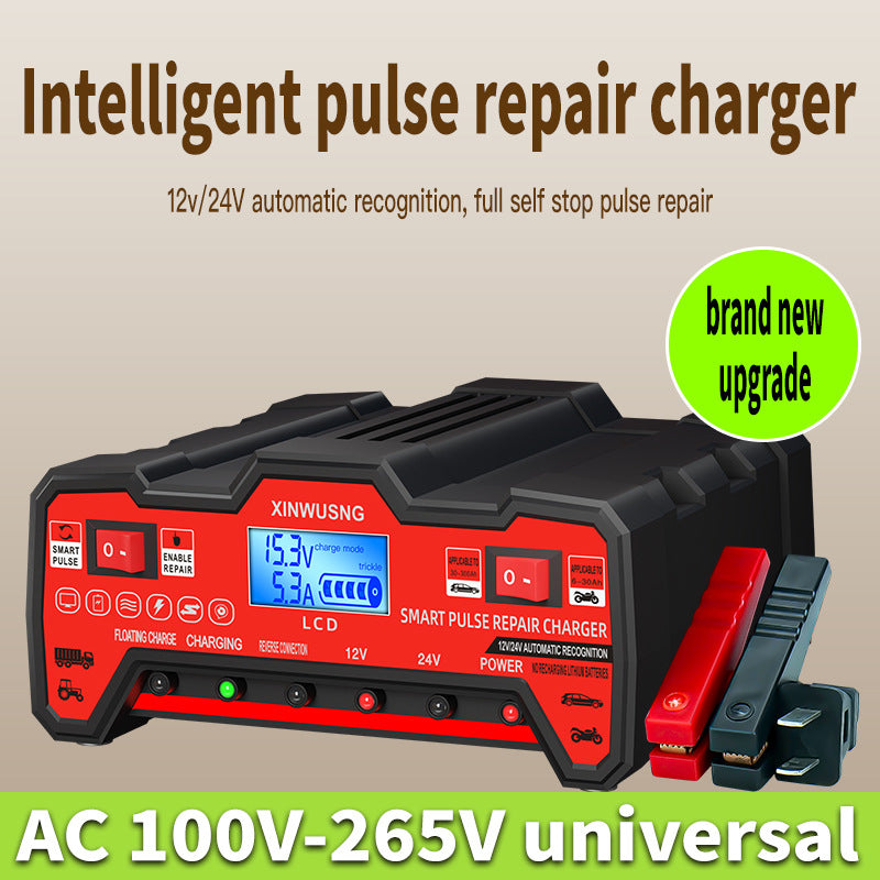 Smart Pulse Repair Battery Charger – 12V 10A / 24V 5A Fully Automatic Car Battery Charger Maintainer with LCD Display, Pulse Repair Desulfation, 7-Stage Charging for Car Truck Motorcycle AGM GEL WET Lead-Acid Batteries