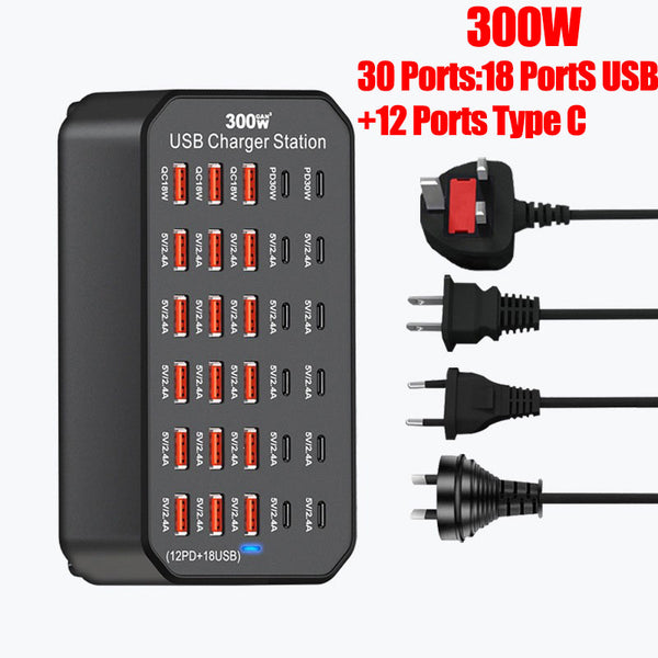 300W GaN Desktop Charging Station – 30-Port Multi-Device Charger Hub with 12 USB-C PD & 18 USB-A Ports, GaN Fast Charging Station for Home Office, School, Business