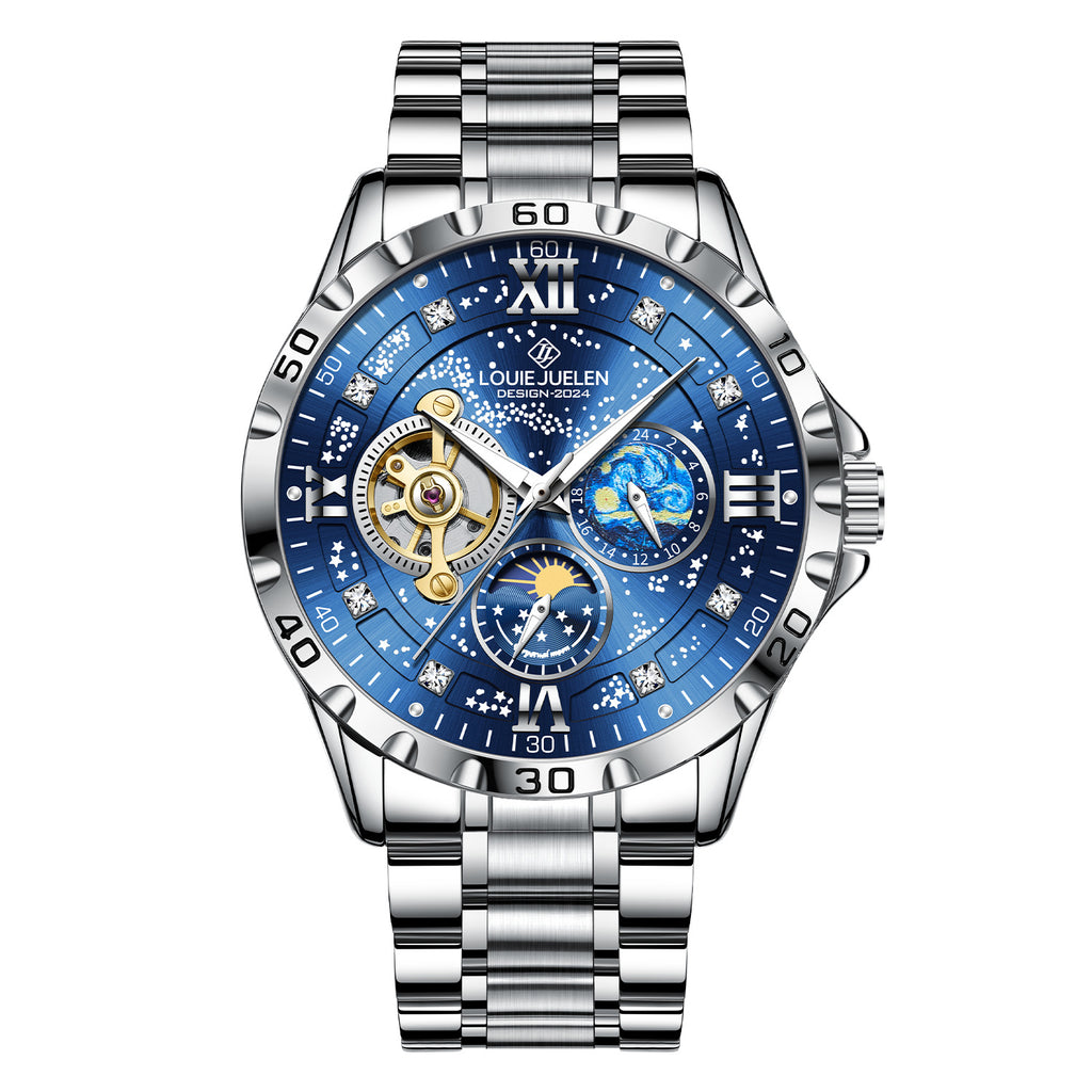 High-End Fully Automatic Mechanical Men's Watch | Business-Style, Water-Resistant, Luminous, Featuring the Sun, Moon, and Stars