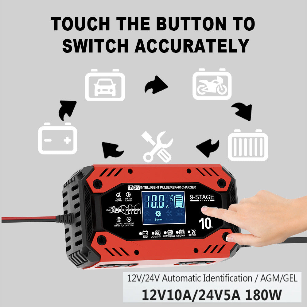 Intelligent Pulse Repair Charger Car Battery Charger 12V 10A /24V 5ASmart Fully Automatic Battery Charger LCD Screen Car Truck Motorcycle Lead