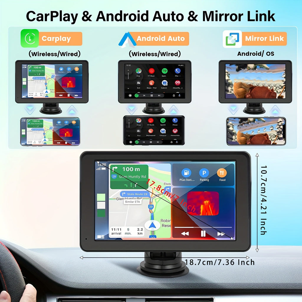 Portable 7 Inch Wireless CarPlay & Android Auto Car Stereo – HD Touchscreen MP5 Player with Mirror Link, FM Transmitter, AUX, Bluetooth 5.0, Reverse Camera Input & DVR Support – Universal Dashboard / Windshield Mount – Plug & Play for All Vehicles