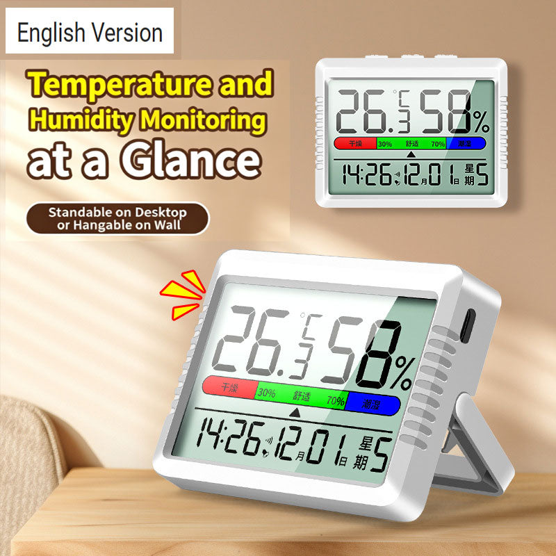 Rechargeable Large-Screen Digital Temperature and Humidity Monitor with Alarm Clock | Real-time Temperature and Humidity Monitoring