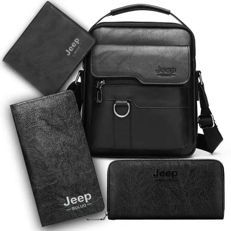 Retro Men’s Vertical Crossbody Bag & Wallet 4-Piece Set – Shoulder Satchel with 2 Long Wallets + 1 Short Wallet