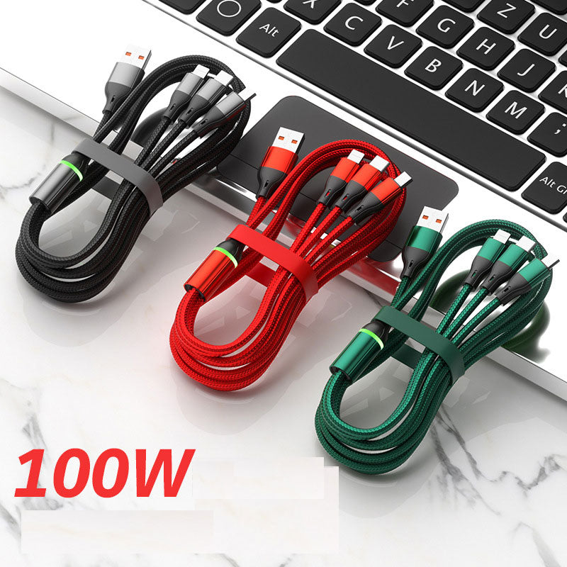 2Pcs Light-Equipped 100W Pure Copper Core Fast Charging Triple-Port Cable | Nylon Braided Single Cable for Three Devices Compatible with Huawei, Apple and Android Phones | Durable Car Fast Charging Data Cable