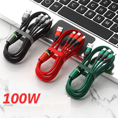 2Pcs Light-Equipped 100W Pure Copper Core Fast Charging Triple-Port Cable | Nylon Braided Single Cable for Three Devices Compatible with Huawei, Apple and Android Phones | Durable Car Fast Charging Data Cable