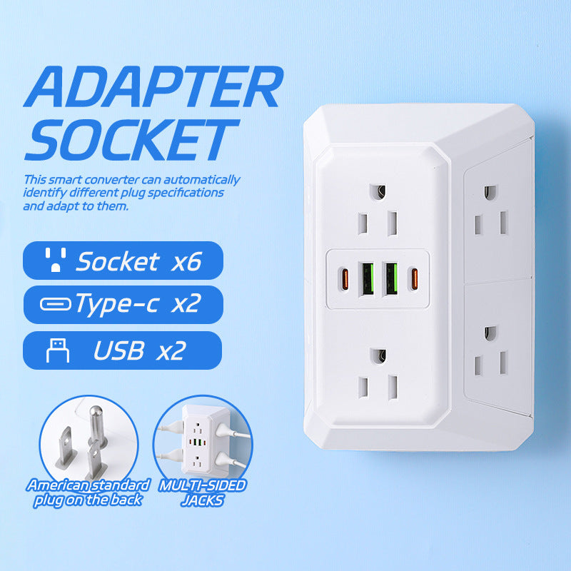 U.S. Standard 6-in-1 Multifunctional Wall Power Strip | 6 AC Outlets + 2 USB-A + 2 Type-C Smart Fast Charging | Multi-Port 3D U.S. Standard Adapter