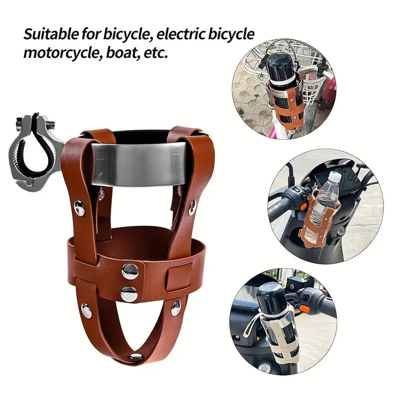 Universal Adjustable Bike Bottle Cage Leather Bike Milk Tea Cup Holder, Suitable for Electric Bikes and Motorcycles, Fits 70mm Diameter Bottles