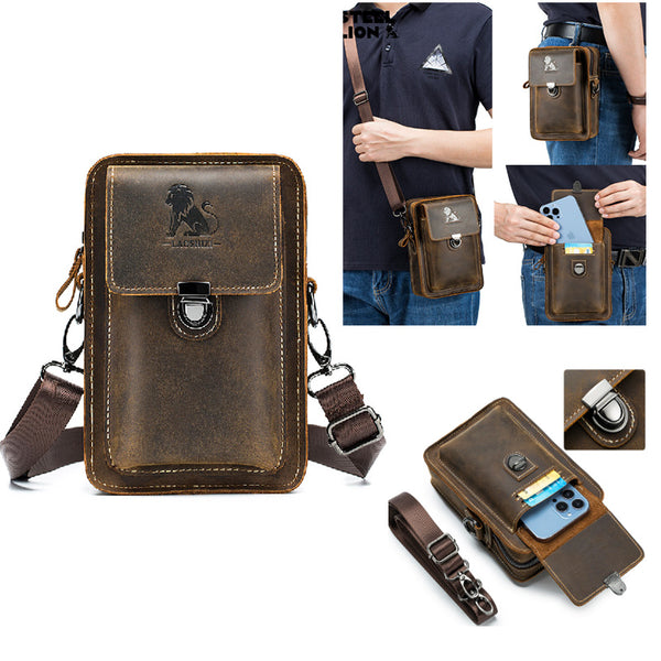 Vintage Crazy Horse Leather Men's Multi-Function Phone Waist Bag/Shoulder/Crossbody