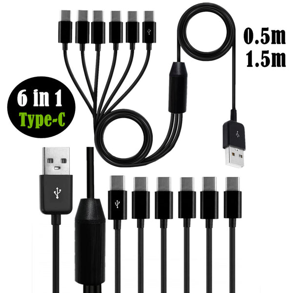 6-in-1 USB Charging Cable, USB to 6 USB C Multi Charger Cord, Type-C Splitter Cable 5V/3A 6 Ports Multiple Charging Wire Main 50cm + Branches 100cm