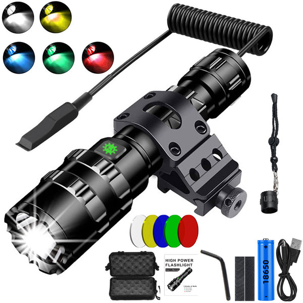 Five Light Colors LED Tactical Torch Set with 18650 Battery Aluminum Waterproof Outdoor Lighting with Gun Mount +Switch USB Rechargeable Lamp