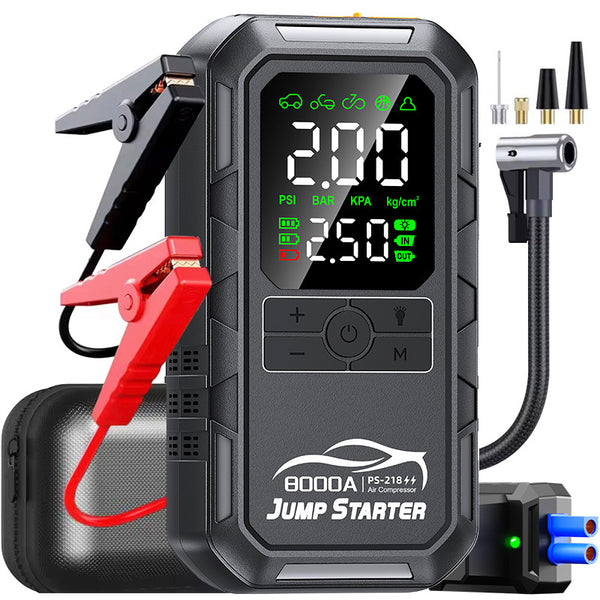 4-IN-1 Car Tire Inflator Battery Jump Starter with Air Compressor Peak 8000A Auto Battery Booster 150PSI Air Pump Portable Power Bank Tire Inflator
