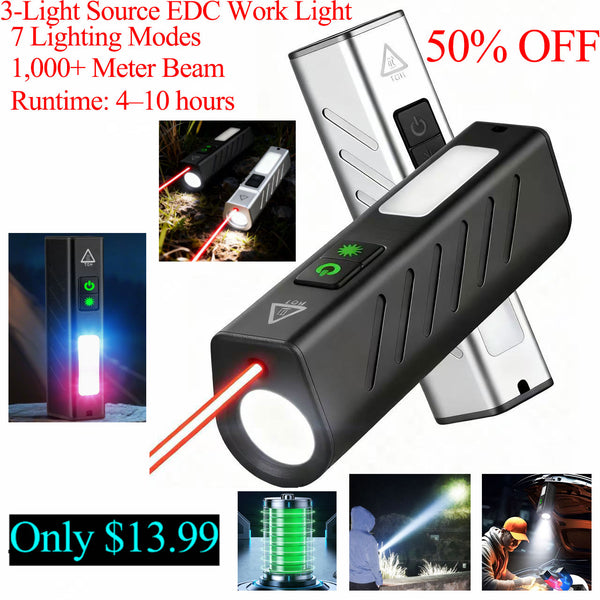 3-Light Source EDC Work Light: COB High-Power Flashlight + Laser Pointer+ Red/Blue Warning Lights – A Versatile Maintenance Flashlight, Essential for Outdoor Adventures and Emergency Preparedness