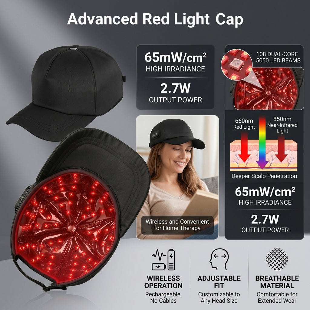 48/108-LED Red Light Hair Regrowth Therapy Cap—Dual wavelengths of 660 nm and 850 nm to promote hair growth and scalp health; wireless and portable, ideal for home use