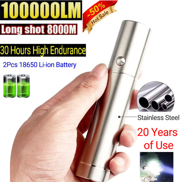 Updated High-grade Stainless Steel 100000Lumens White Laser Tactical Flashlight With 2Pcs 18650 Li-ion Battery 30 Hours High Endurance 20 Years of Use