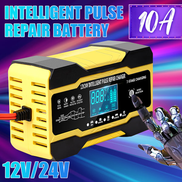 12V 24V 10A Battery Charger Smart Fast Charging for Car Batteries 7-Stage Charge Pulse Repair for AGM GEL WET Lead Acid