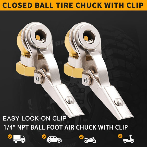 2Pcs Heavy Duty Solid Brass Tire Inflator Chuck with Clip – 1/4" NPT Ball Foot Air Chuck for Car, Motorcycle, Bicycle, Truck – Easy Lock-On Chuck for Air Compressor Accessories