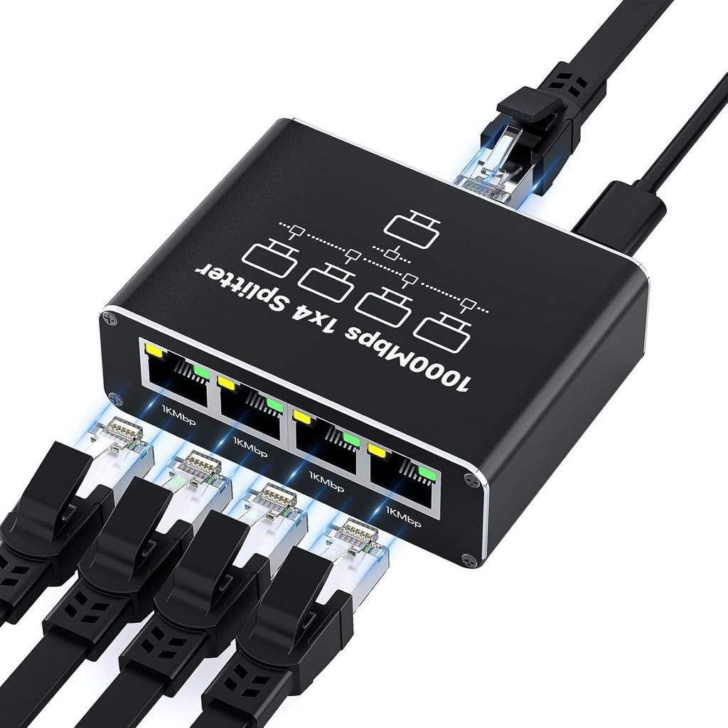 Gigabit Ethernet Splitter 1 to 4 | 1000Mbps High-Speed Network Expander | RJ45 LAN Hub with USB Power Supply for Smart TV, Computer, Laptop, PS5/ Xbox