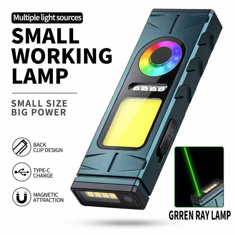 14-in-1 Lighting Modes Mini Work Light with Green Laser Pointer – IPX4 Waterproof, Magnetic Base & Type-C, Rechargeable