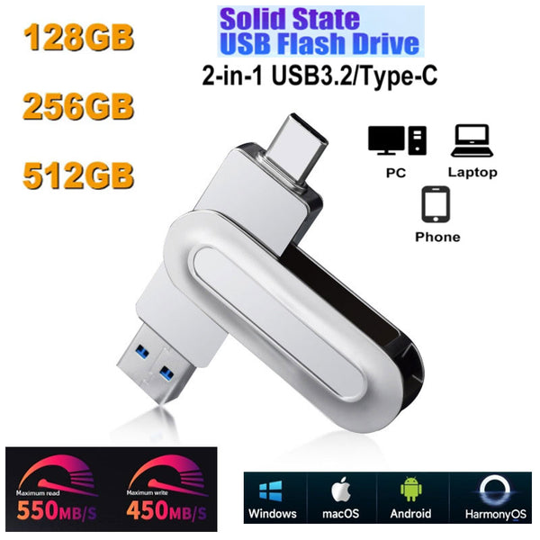 128GB/256GB/512GB High-Speed Solid-State USB Drive Dual Interface Type-C USB 3.2 Dual-Use for Mobile Phones and Computers Rotating Protection Waterproof and Shockproof Plug-and-Play