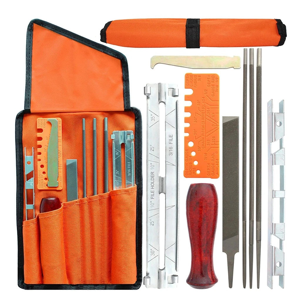 10Pcs Professional Chainsaw File Tool Kit｜Suitable for Stihl and Husqvarna petrol chainsaws｜Includes quick depth gauge, guide bar groove cleaner, and portable case｜Efficient and precise sharpening of chainsaw blades