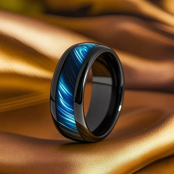 New Men's 8mm Black Titanium Steel Ring with Blue Tiger's Eye Stone