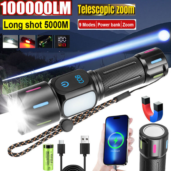 100000LM White Laser Zoom Torch with 5000mAh 26650 Battery COB Side Light Digital Display Magnetic Base Super Bright Tactical Torch for Camping Emergencies and Home Use