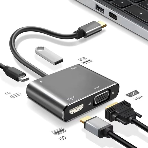 USB-C 4-in-1 Adapter – Expand a single USB-C port into four essential connections: 4K HDMI, VGA, USB 3.0, and 65W PD charging