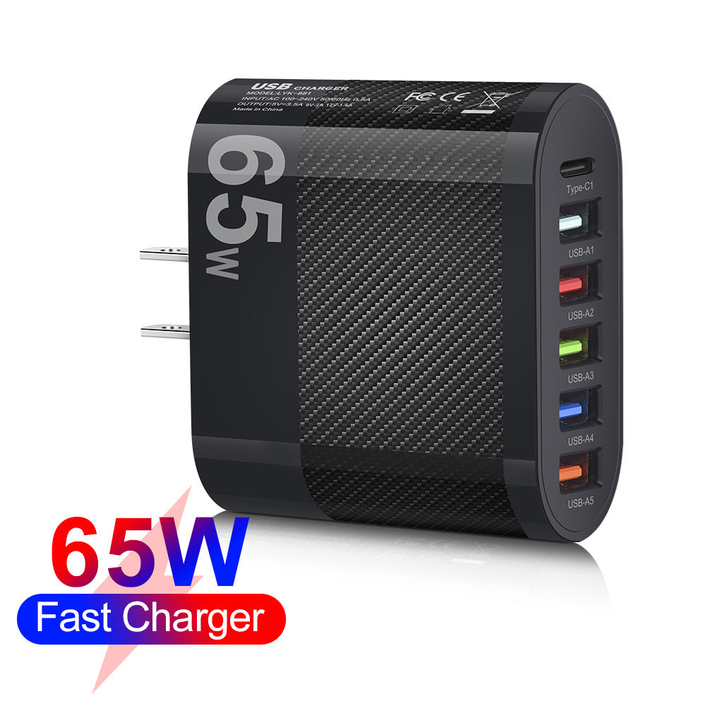 New PD65W 6 Ports Fast Charging Mobile Phone Charger with 5USB and 1PD Type-c Charger US/EU/UK Plug