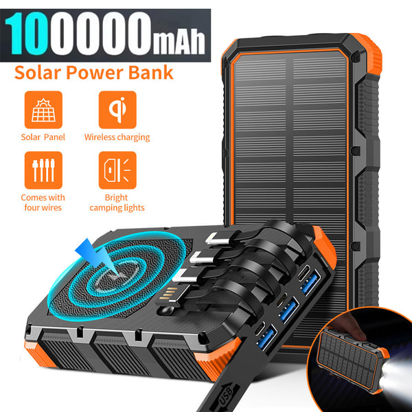 100000mAh Solar Wireless Charger Power Bank With 4 Cable LED Light Portable External Battery Powerbank for iPhone Xiaomi Samsung