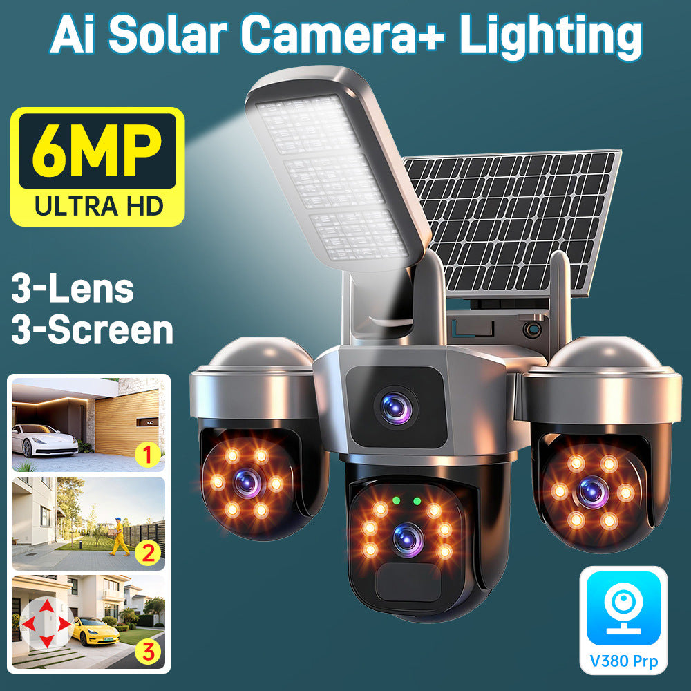 Solar Street Light Camera Outdoor Waterproof 6MP HD Triple Lens WiFi V380 Pro Camera Night Vision with Motion Tracking