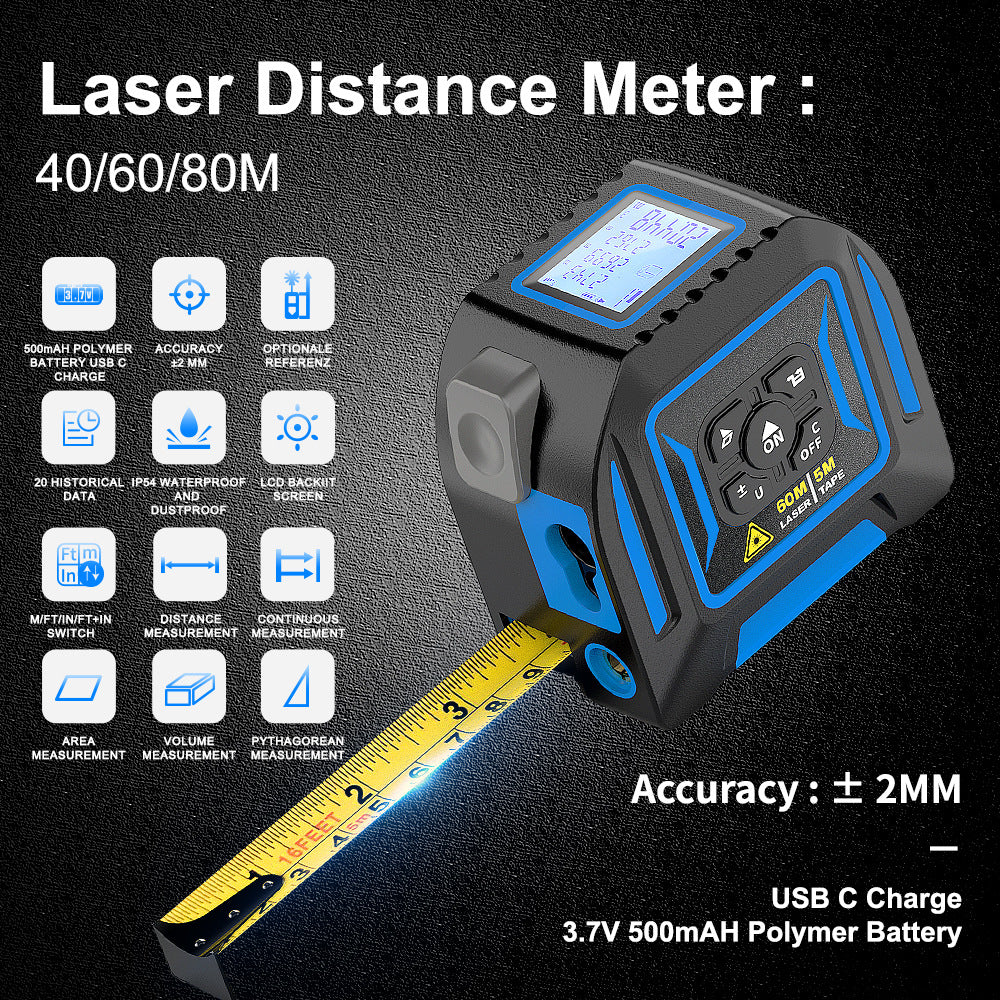Rechargeable 3 in 1 High Precision Laser Rangefinder Tape Measure Cross-hatch Ruler Infrared Intelligent Electronic Measuring Device