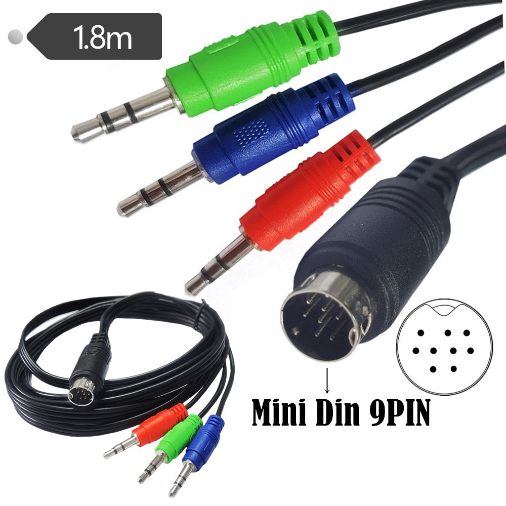 1.8M 8/9/10-pin Mini DIN to 3.5 mm audio adapter cable with red, green and blue connectors suitable for older audio systems, set-top boxes and monitors
