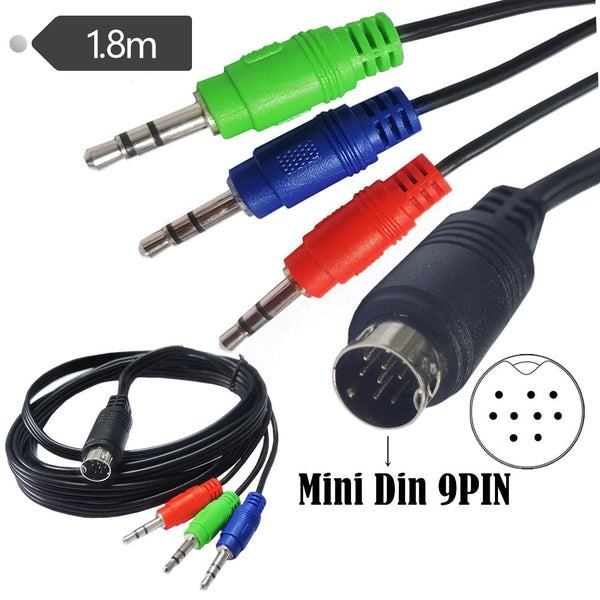 1.8M 8/9/10-pin Mini DIN to 3.5 mm audio adapter cable with red, green and blue connectors suitable for older audio systems, set-top boxes and monitors