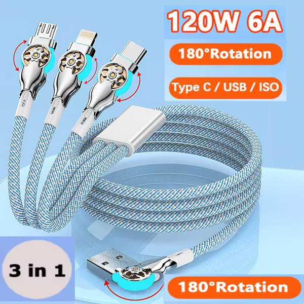120W 3-in-1 Rotatable Head Charging Cable USB to Micro USB Type-C IOS  Fast Charge Data Cable
