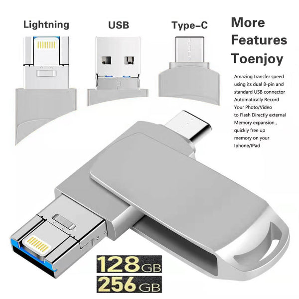 128GB/256GB 3-in-1 Multi-Functional USB Drive｜Type-C + USB + Lightning Ports｜External Storage for Phones Apple iPhone/iPad Computers｜Auto Backup Photos & Videos｜High-Speed Transfer｜Encrypted Protection｜Multiple Colours Available