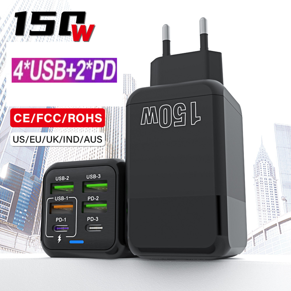 6 IN 1 New 150W 6 Ports Fast Charging Mobile Phone Charger with 4USB and 2PD Type-c Charger US/EU/UK Plug
