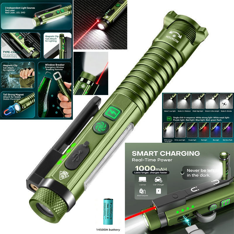 3-in-1 Multi-Function Pen Light – High-Power Flashlight + Red Laser Pointer + COB Side Light + Magnetic Clip + Window Breaker + Bottle Opener + Type-C Charging + Rechargeable 14500 Battery