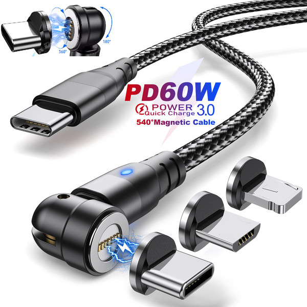 3 in 1 Type C/USB Plug PD60W 540° Rotate Magnetic Cable Fast Charging Auto Cut-off Cable For Andriod iPhone Micro USB Charger