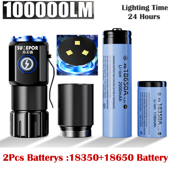100000LM 3-Core Anti-explosion LED Torch with 2Pcs 18350+18650 Battery Rechargeable Tail Magnet Powerful Flashlight High Battery Lighting Time 24 Hours