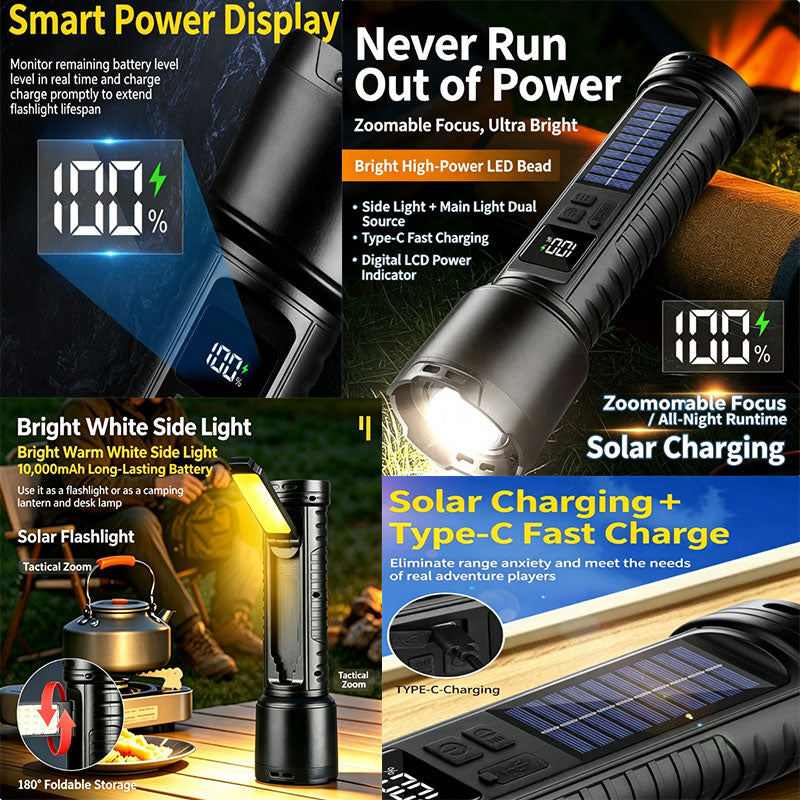500W Solar High-Power Zoomable Flashlight with 180° Foldable COB Side Light | Solar & USB-C Rechargeable | 10,000mAh Long-Lasting Battery