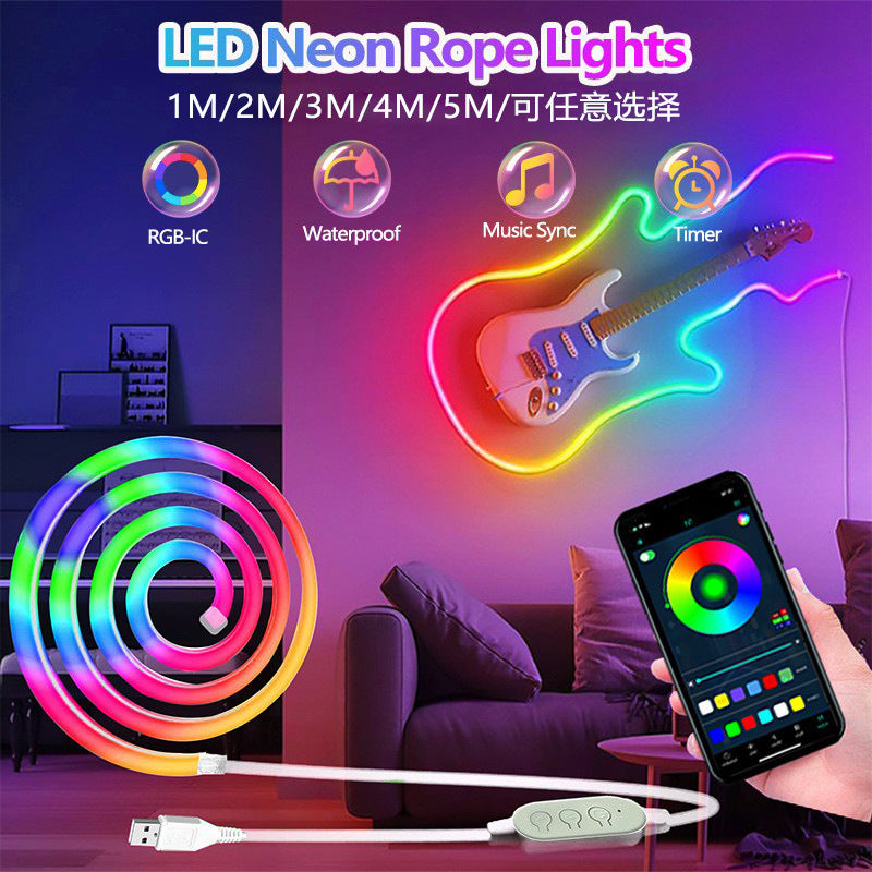 USB RGB-IC Bluetooth Neon Strip Light – Music Sync, App Control, IP67 Waterproof, DIY Bendable LED Rope for Gaming Room, Bedroom, Bar & TV Room 1M/2M/3M/4M/5M