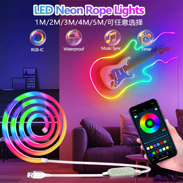 USB RGB-IC Bluetooth Neon Strip Light – Music Sync, App Control, IP67 Waterproof, DIY Bendable LED Rope for Gaming Room, Bedroom, Bar & TV Room 1M/2M/3M/4M/5M