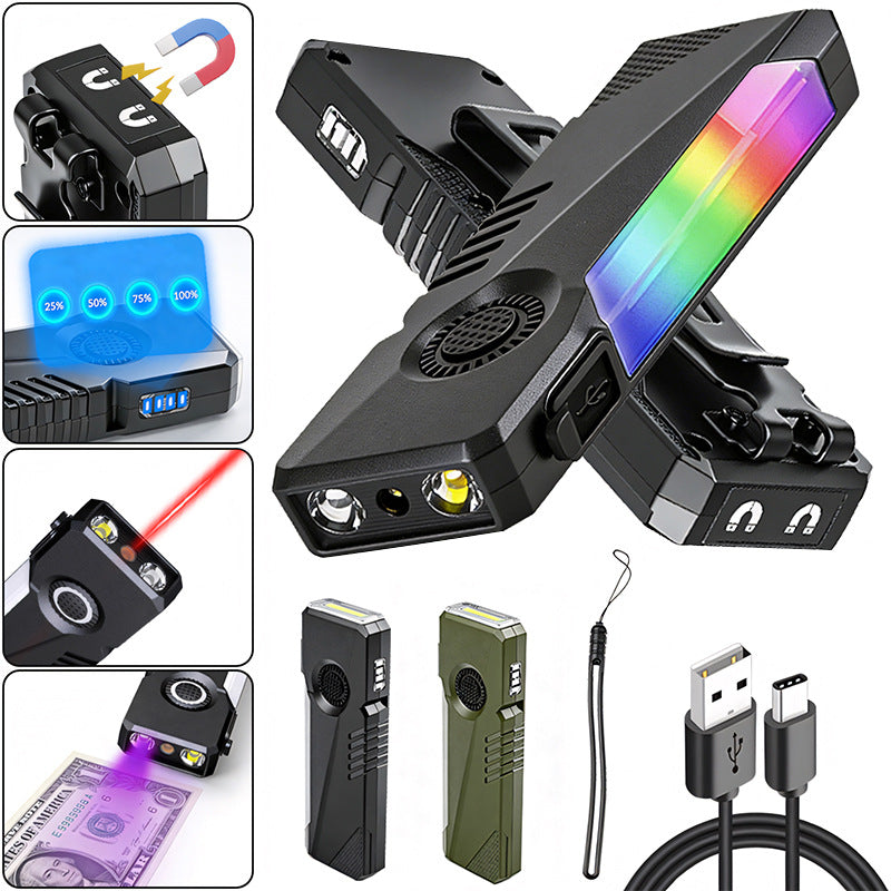 4 In 1 Ultra-Thin EDC Red Laser Flashlight 11 Modes UV Detection Flashligh RGB Side Light Rechargeble  Waterproof EDC Small Torch Magnetic Base