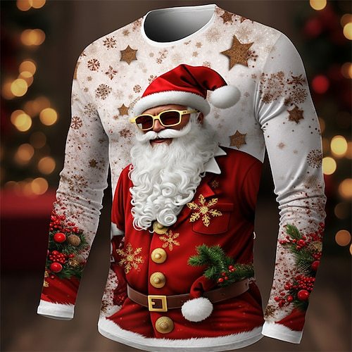 Christmas Men's Graphic Santa Claus T Shirt Long Sleeve T shirt 3D Print Crew Neck Shirt Fashion Designer Casual Sports Outdoor Holiday