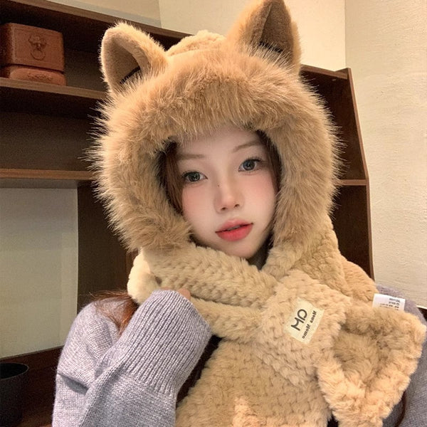Cute Fox Ears Plush Baotou Ear Protection Winter Warm Hat Collar Scarf Integrated Winter Autumn Winter
