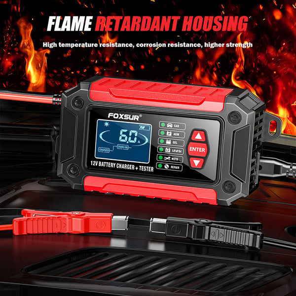 12V 6A Car Battery Pulse Repair Charger 2-in-1 Battery Good/Bad Tester Battery Analyzer Car Motorcycle Battery Analyzer for Lead Acid AGM, GEL, Li-Ion and LiFePo4 Batteries