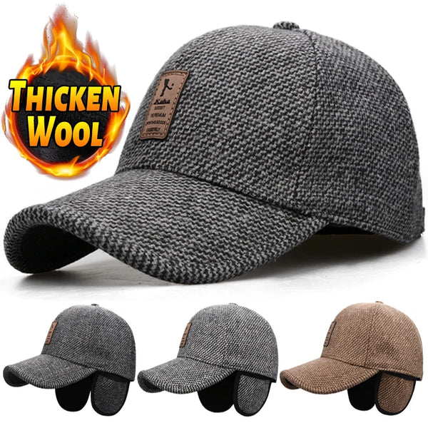 New Baseball Cap Woolen Knitted Winter Ear Cover Baseball Cap Men Thicken Warm Hats with Earflaps Sport Golf Hats Snapback